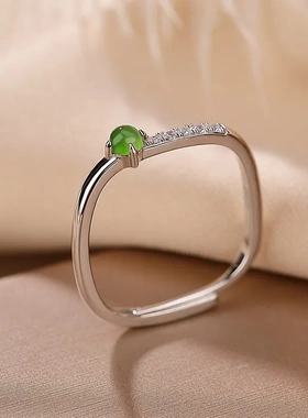 缘绘凤仪 S925纯银和田碧玉简约气质圆珠戒指小清新活口指环