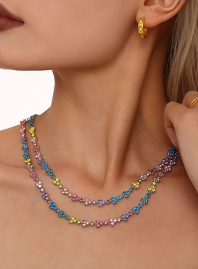 缘绘凤仪 满钻三角梅花重工奢华彩色锆石不锈钢镀18k真金项链