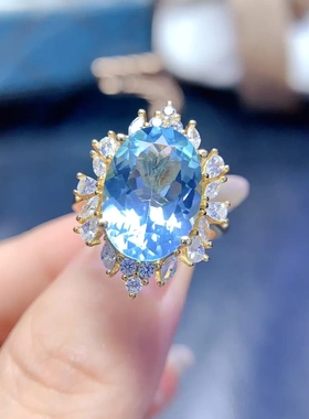 缘绘凤仪 天然天空蓝托帕戒指925银空托精工镶嵌10*14mm