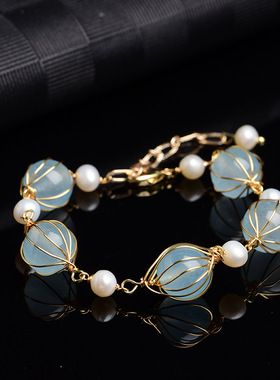 缘绘凤仪 编码11 手工绕丝14K包金线 冰种海蓝宝手链 10MM珠