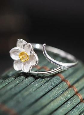 缘绘凤仪 s925银原创设计国潮花卉指环女时尚个性水仙花活口戒指