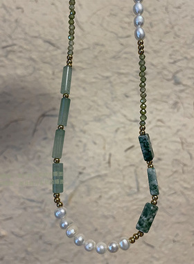 国风天然石淡水珍珠项链渐变绿色橄榄石项链高级拼接复古项链女