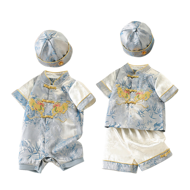 婴儿连体衣夏季新款男宝宝国风小少爷礼服中式帽子两件套唐装汉服,淘宝优惠券,粉丝福利购,淘宝优惠卷