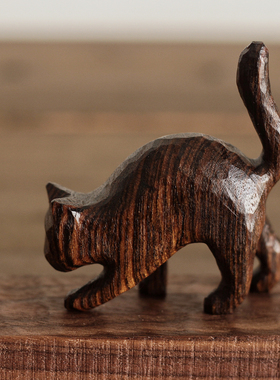 与猫共生摆件原创纯手工雕刻木猫