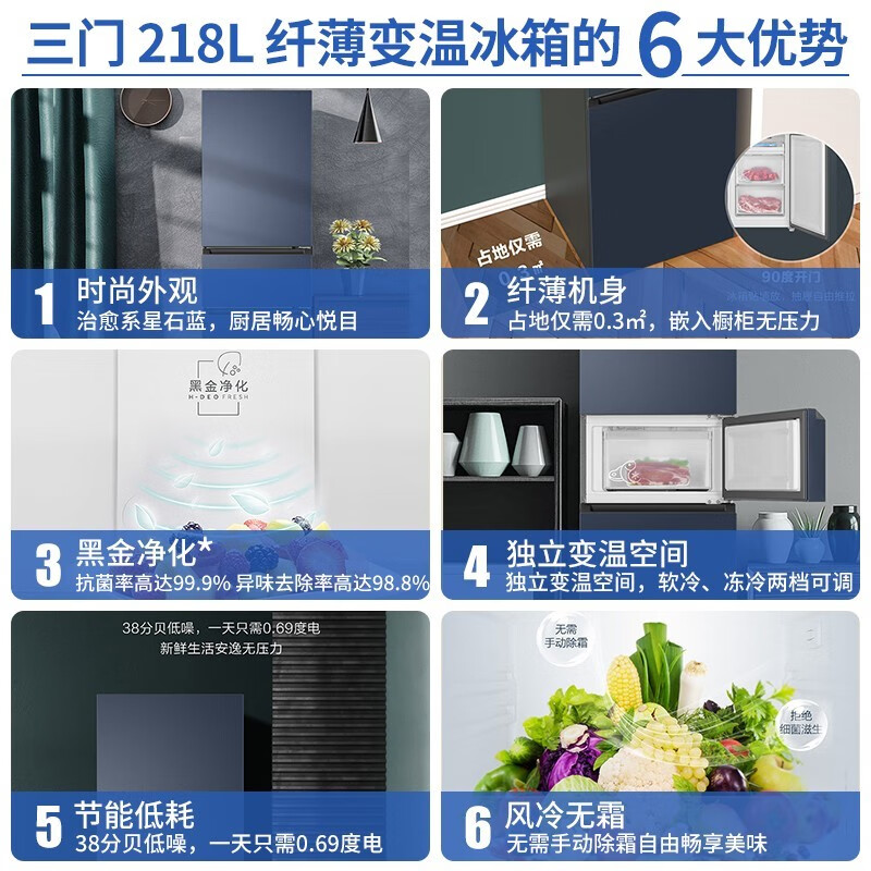 【新品】海尔218L超薄款冰箱三开门风冷无霜直冷家用租屋官方旗舰 - 图0