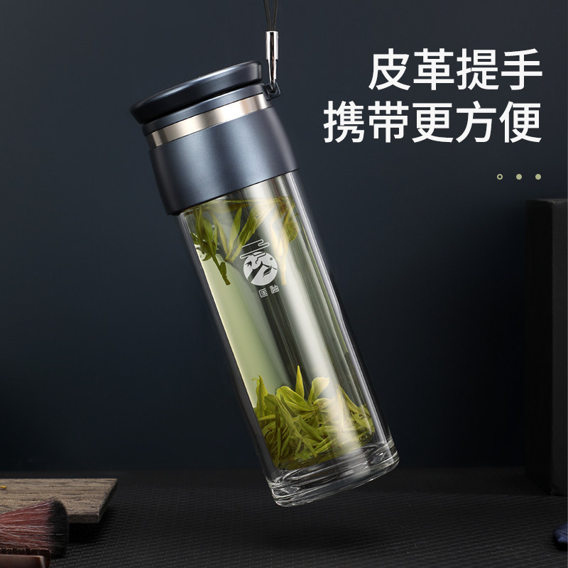 匡迪双层玻璃杯随手泡茶杯男女家用加厚隔热茶杯便携车载水杯定制_虎窝淘