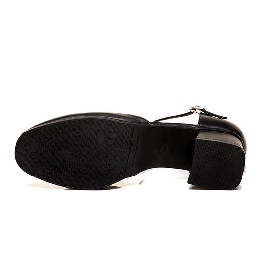 方头凉鞋女粗跟夏季包头中跟黑色高跟鞋女职业一字扣带中空女皮鞋