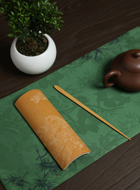 玉竹雕刻茶则竹制手工松鹤石榴茶道三件套赏茶荷功夫臂搁欣赏把玩