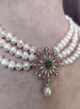 新年奢华年会晚宴法式复古绿水晶三层天然淡水珍珠项链手链套装