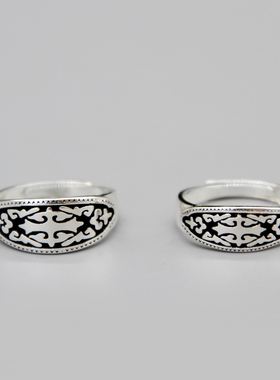 蒙歌银饰蒙古团花情侣对戒活口