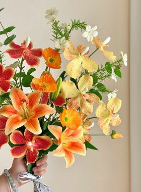 橙色系仿真花百合高枝装饰花花束