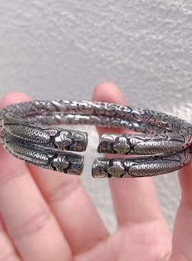 复古男999纯银龙头手镯老九门