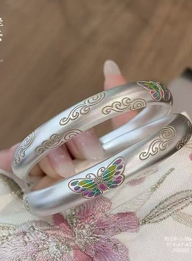 足银9999描金珐琅彩蝴蝶闭口手镯