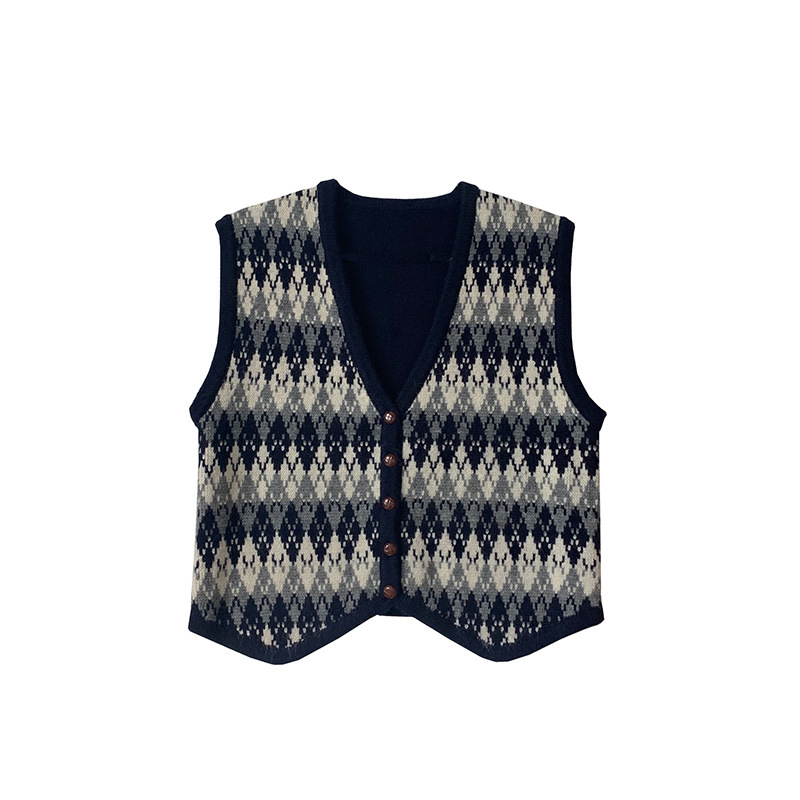 EAL楠涛复古格子背心洋气宽松无袖秋毛衣V领针织马甲开衫女ST159 - 图3