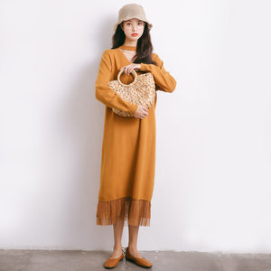 EAL羽迹2020春季女装韩版加长款针织衫套头宽松拼接毛衣连衣裙M10