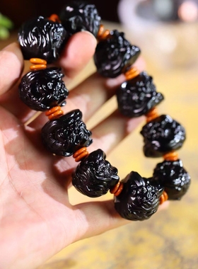 醒狮瑞兽手链和田玉墨玉手串