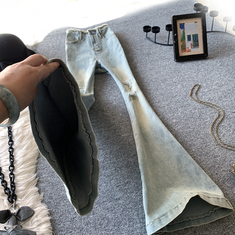 浅蓝色破洞大喇叭牛仔裤女夏季复古高腰毛边修身显瘦高个子微喇裤,淘宝优惠券,粉丝福利购,淘宝优惠卷