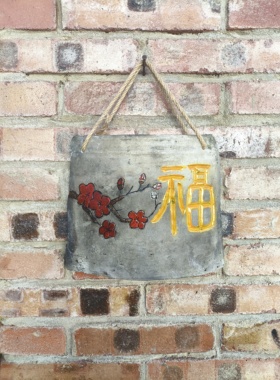 瓦片画雕刻绘画柿柿如意挂件茶室装饰古朴中国风户外墙壁装饰