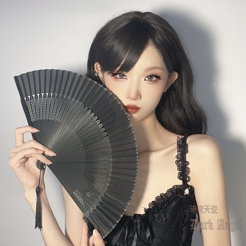 扇子折扇纸古风中国风蕾丝小巧黑色全竹骨扇女夏天便携jk折叠蹦迪 - 图2