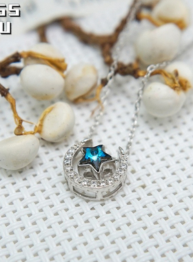 S925纯银蓝色星星镶钻锁骨项链