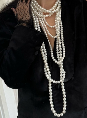 复古法式多层仿珍珠长颈链女