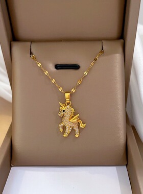 钛钢18K铜镀真金小巧独角兽项链女式金色新款镶钻动物锁骨链飞马
