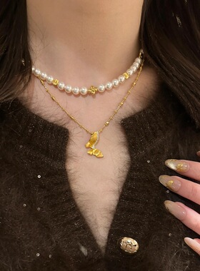 法式复古新中式拉丝镶嵌排钻蝴蝶项链轻奢时尚设计超仙气质锁骨链