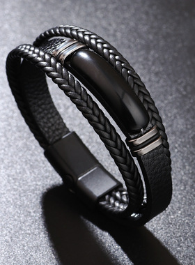欧美跨境皮手链绿东陵石头手工编织PU皮革手环不锈钢圈男士手饰品