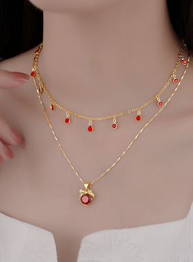 「天色焰火」红色气质轻奢叠戴项链高级感复古毛衣链新款女锁骨链