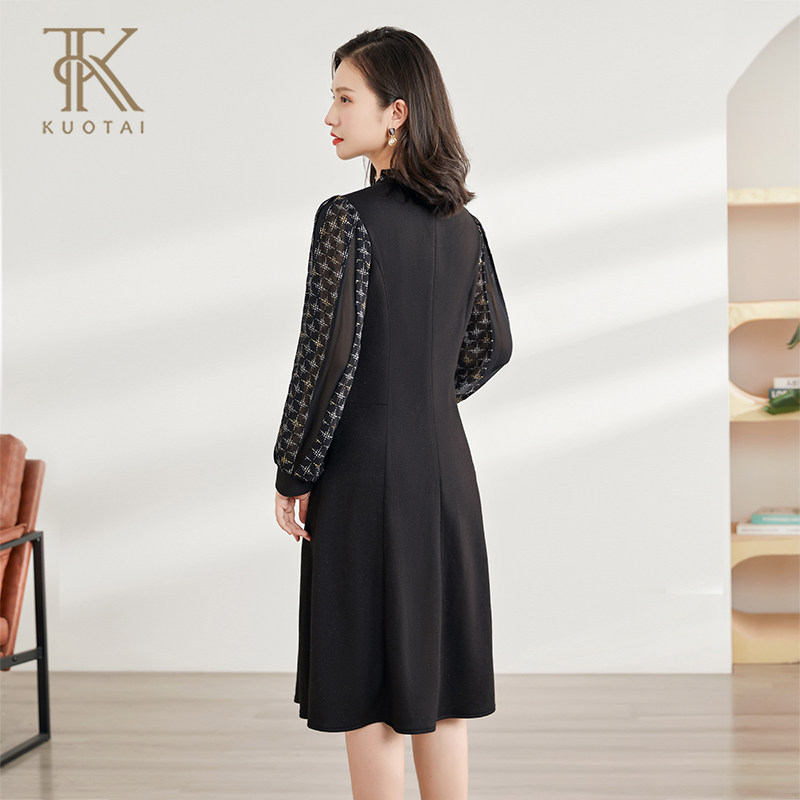 阔太2024秋季新款时尚通勤荷叶领假两件连衣裙拼接烫金雪纺印花裙,淘宝优惠券,粉丝福利购,淘宝优惠卷