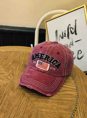 帽子棒球帽字母牛仔做旧美式复古