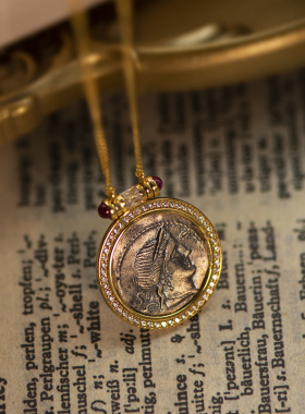 古币925纯银镀18K金复古精致短项链毛衣链吊坠项坠镶嵌高档红原创