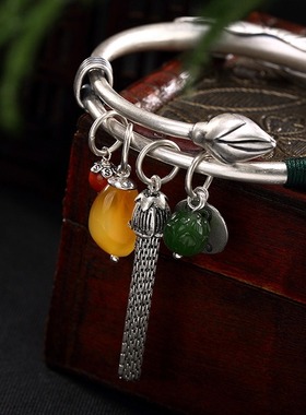 生肖s990纯银复古女和田蜜蜡手镯