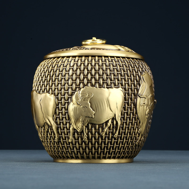 铜欣祥黄铜带盖五牛茶叶罐桌面实用摆件家居办公室茶室工艺品礼品,淘宝优惠券,粉丝福利购,淘宝优惠卷