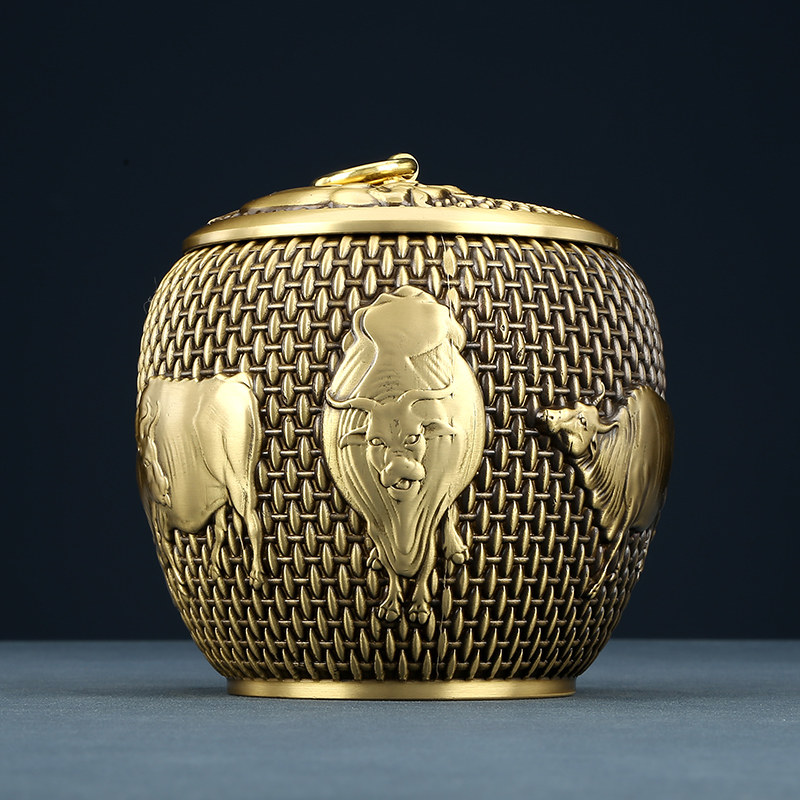 铜欣祥黄铜带盖五牛茶叶罐桌面实用摆件家居办公室茶室工艺品礼品,淘宝优惠券,粉丝福利购,淘宝优惠卷