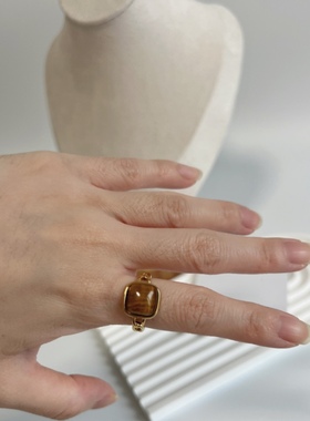 ins欧美风美拉德复古天然虎眼石k金开口戒指女轻奢小众高级设计感