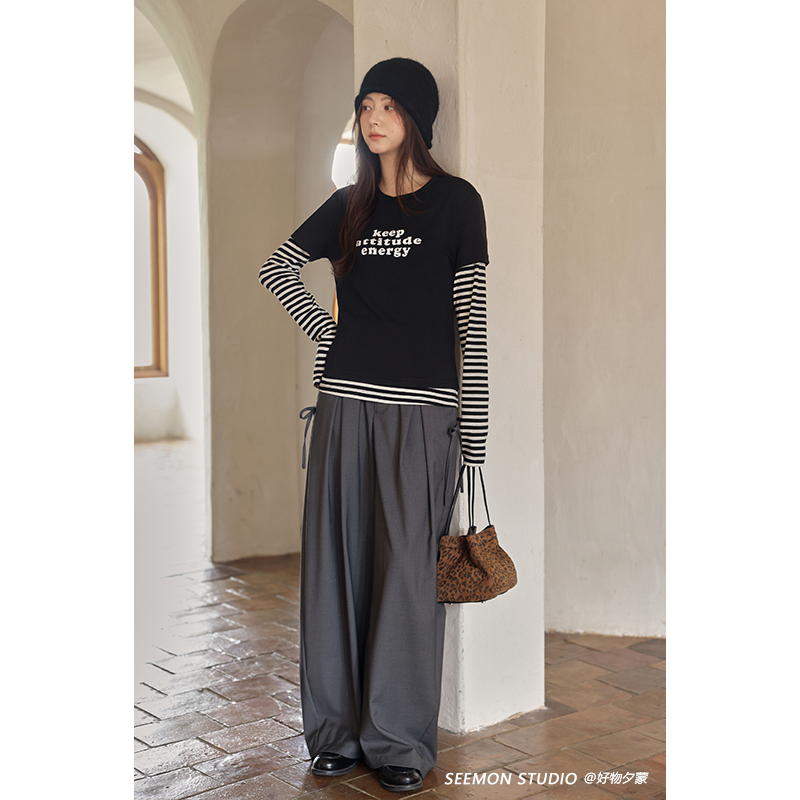 夕蒙2025新款秋季韩系气质裤子蝴蝶结慵懒高级小众灰色阔腿休闲裤