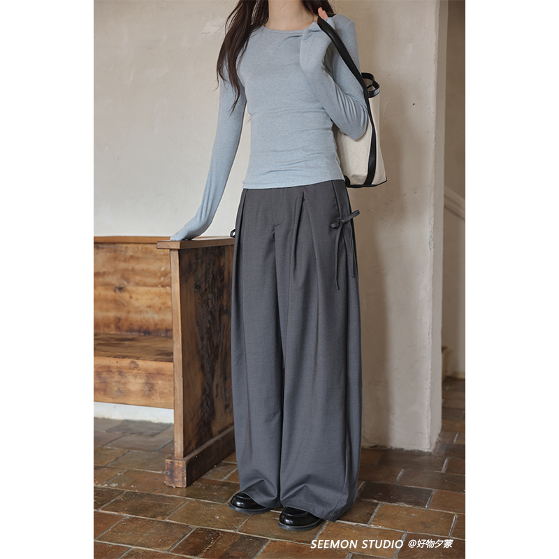 夕蒙2025新款秋季韩系气质裤子蝴蝶结慵懒高级小众灰色阔腿休闲裤