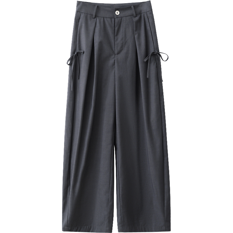 夕蒙2025新款秋季韩系气质裤子蝴蝶结慵懒高级小众灰色阔腿休闲裤