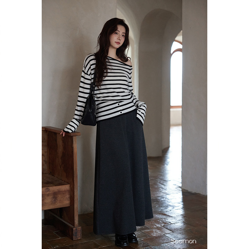 【清仓秒杀】秋韩系气质上衣独特绝美氛围感斜肩黑杏条纹针织衫女,淘宝优惠券,粉丝福利购,淘宝优惠卷