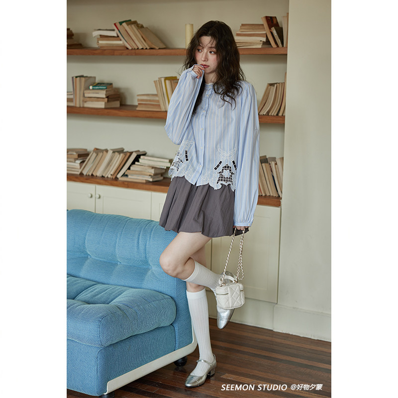 夕蒙2025新款春秋法式上衣设计感短款小个子小众气质蓝色条纹衬衫