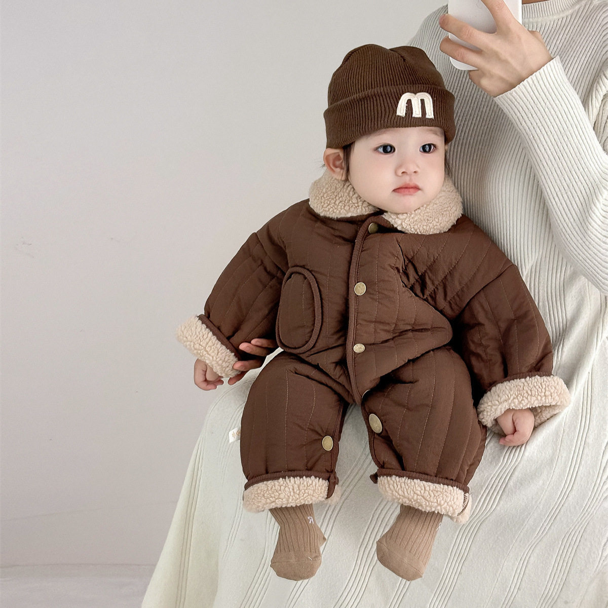 25秋冬加绒新品男女宝宝潮款哈衣爬服婴儿小棉袄连身衣咖色外出服,淘宝优惠券,粉丝福利购,淘宝优惠卷