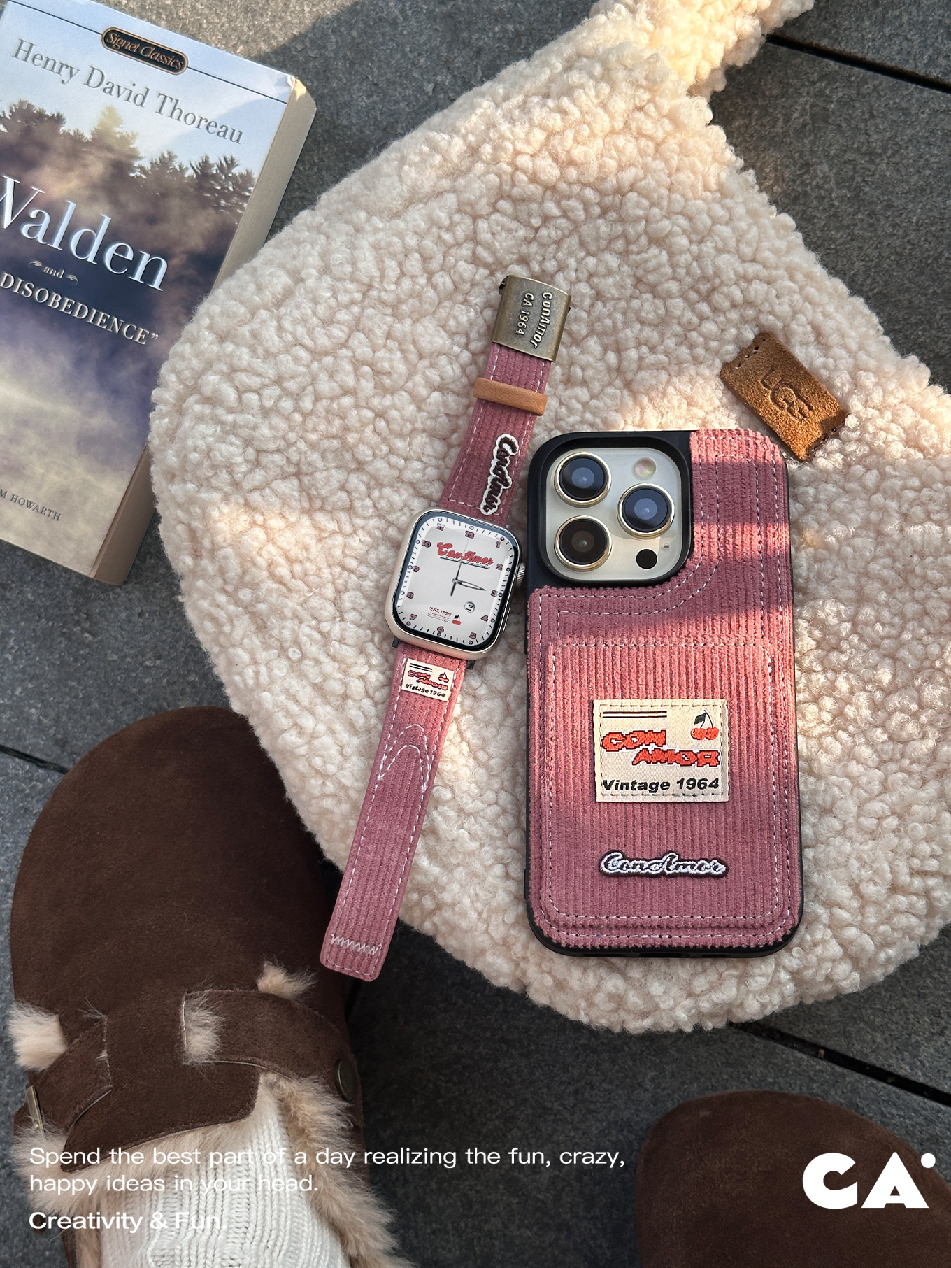 CA.美式复古灯芯羊绒iwatch9皮表带与iphone15pro手机壳适用苹果 - 图3