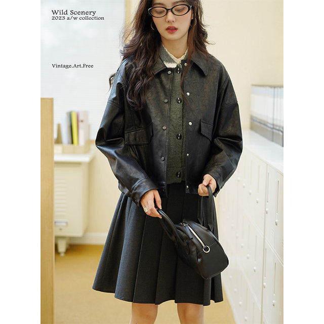 Bridge divide wild color 'locomotive girl' retro flying jacket leather jacket falling shoulder silhouette short black loose jacket