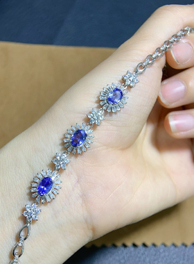 特惠新款天然坦桑尼亚坦桑石手链 满火彩主石5*7mm925银电镀白金