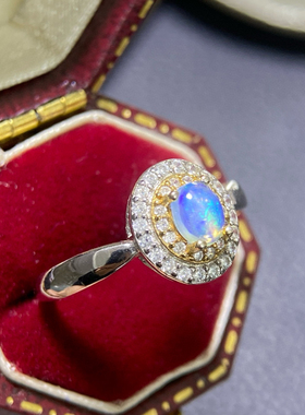 2024新款精品珠宝银镀18K金天然欧泊钻石戒指复古奢华彩宝礼物