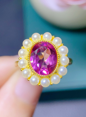 天然粉托帕戒指 精品粉托帕爆闪火彩主石尺寸8*10mm925银镀玫瑰金