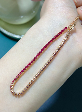 银镀的18k金镶嵌天然鸽血红宝石手链女款时尚百搭彩宝首饰礼物
