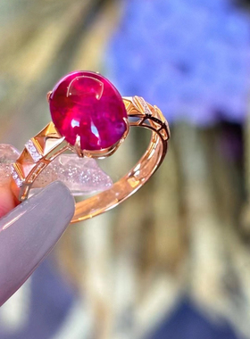 荧光体果冻感超美卢比莱碧玺戒指3.18克拉素面大漂亮18K金钻石