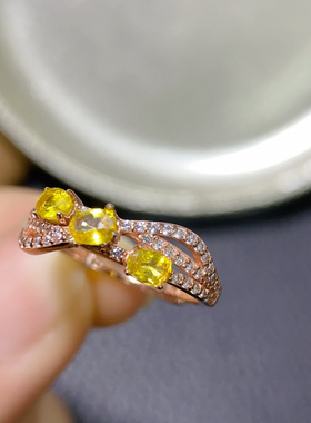 天然斯里兰卡黄色蓝宝石戒指女晶体干净颜色好925银镶嵌